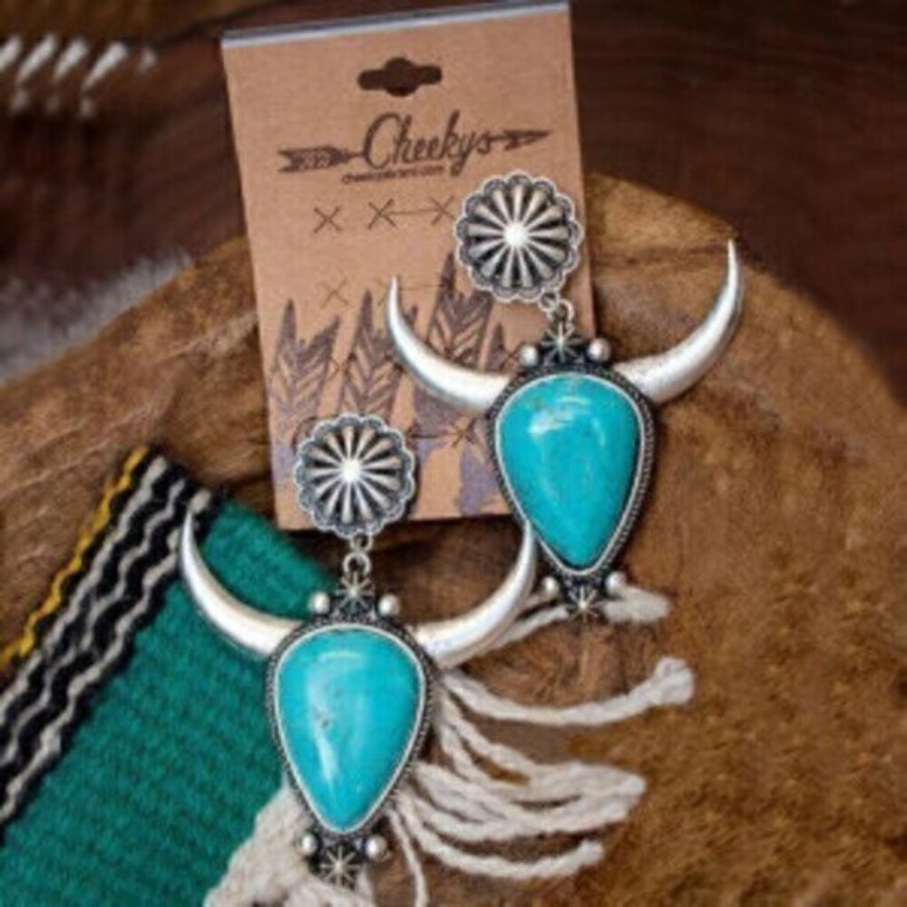 Turquoise Teardrop Silver Tone Bull Cow Head Flower Earrings